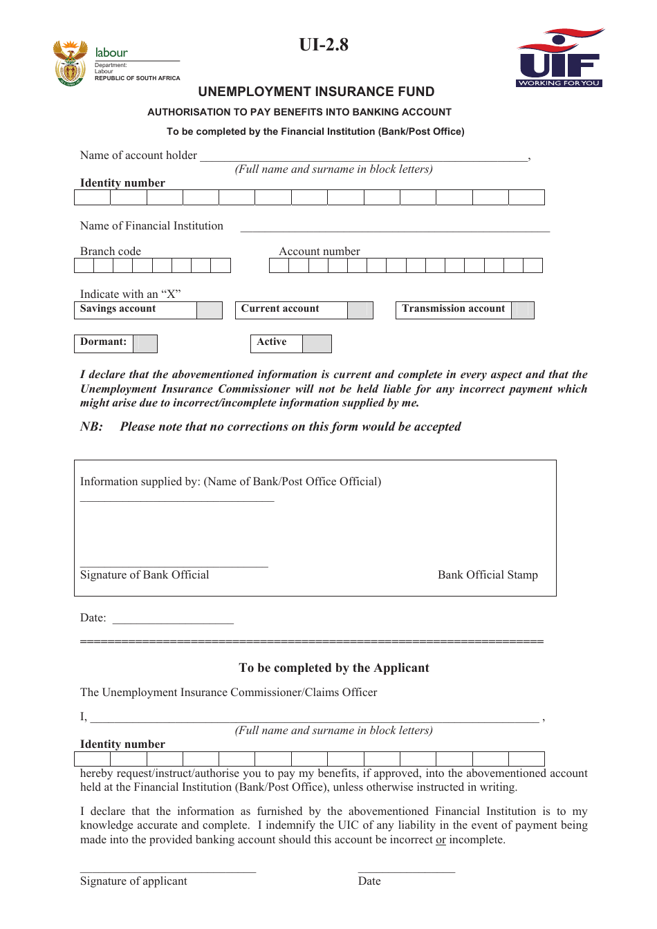 Form UI-2.8 Unemployment Insurance Fund Authorisation to Pay Benefits Into Banking Account - South Africa, Page 1