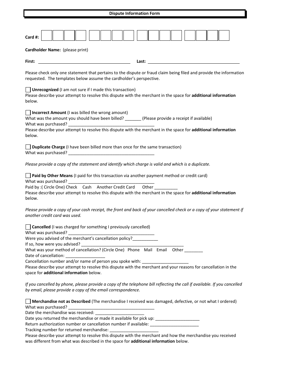 Debit/Atm Card Dispute/Fraud Package Checklist Template Download ...