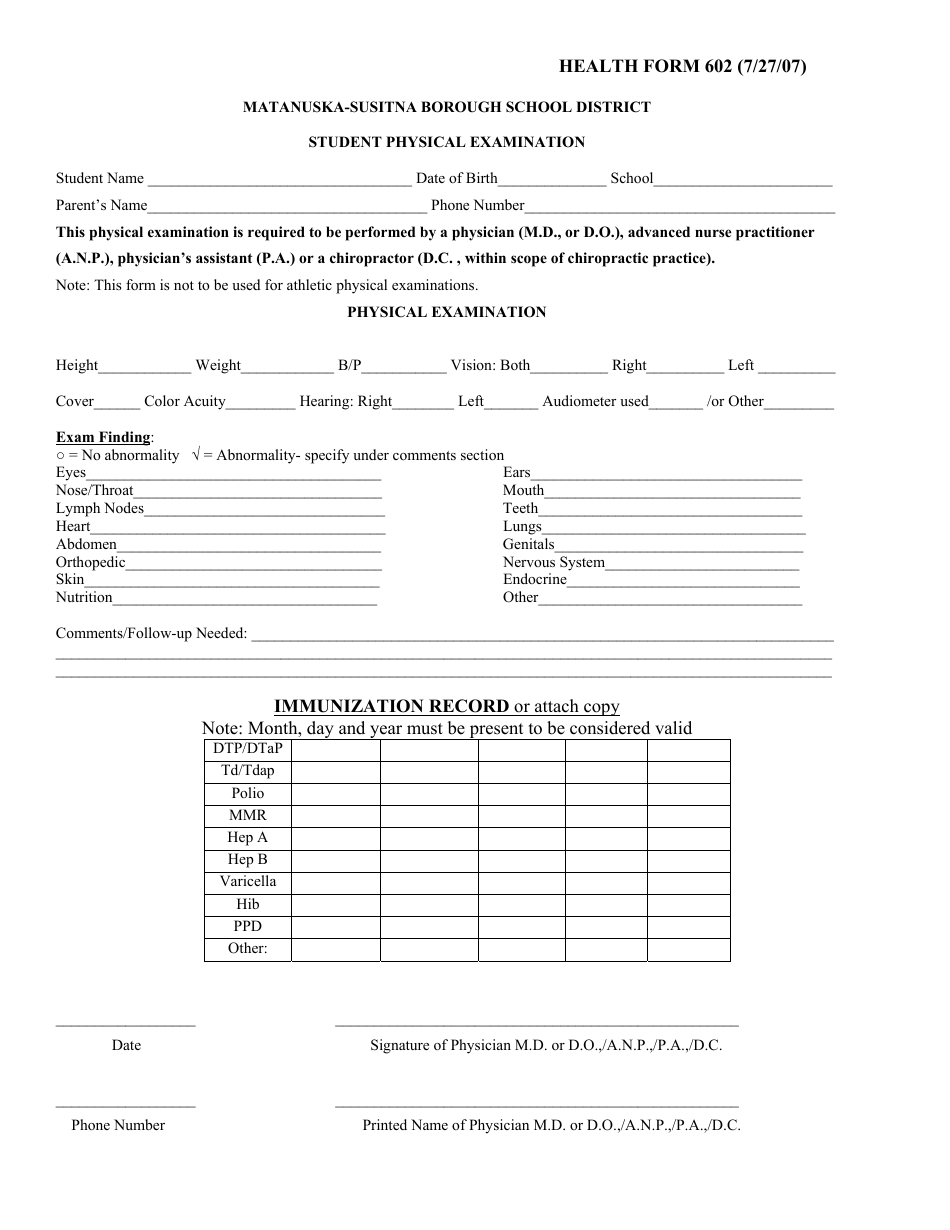 Student Physical Examination Form - Matanuska-Susitna Borough, Alaska, Page 1