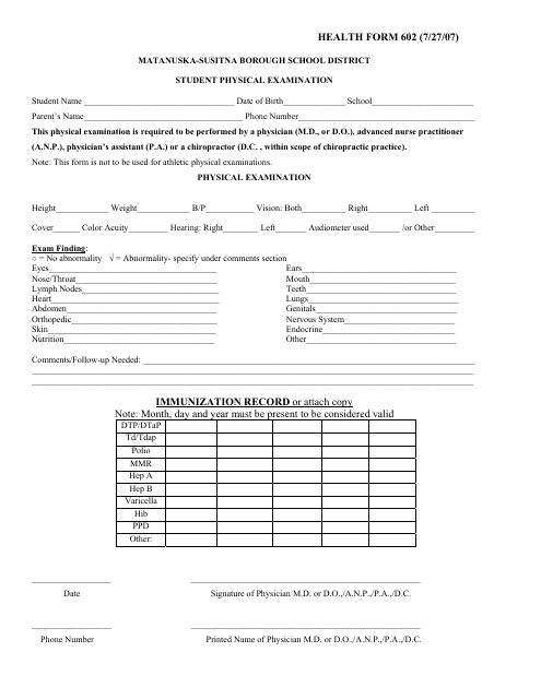 Student Physical Examination Form - Matanuska-Susitna Borough, Alaska