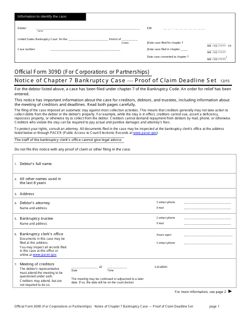 Official Form 309D Notice of Chapter 7 Bankruptcy Case - Proof of Claim Deadline Set