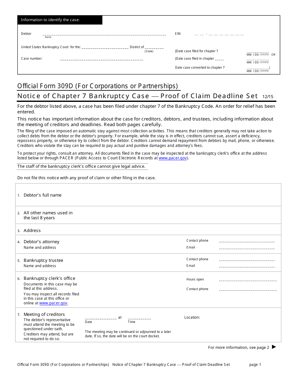 Official Form 309D Notice of Chapter 7 Bankruptcy Case - Proof of Claim Deadline Set, Page 1
