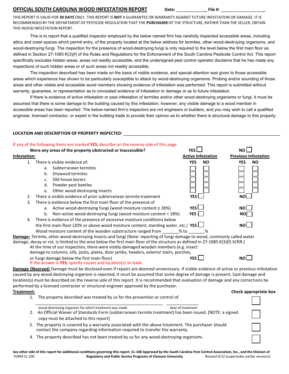 South Carolina Official South Carolina Wood Infestation Report Form ...