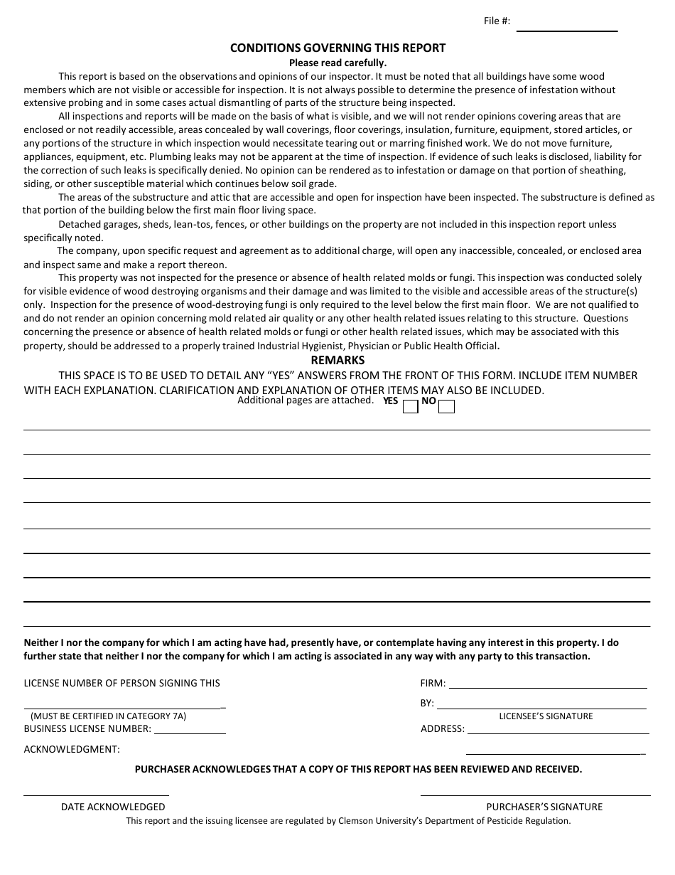 South Carolina Official South Carolina Wood Infestation Report Form ...