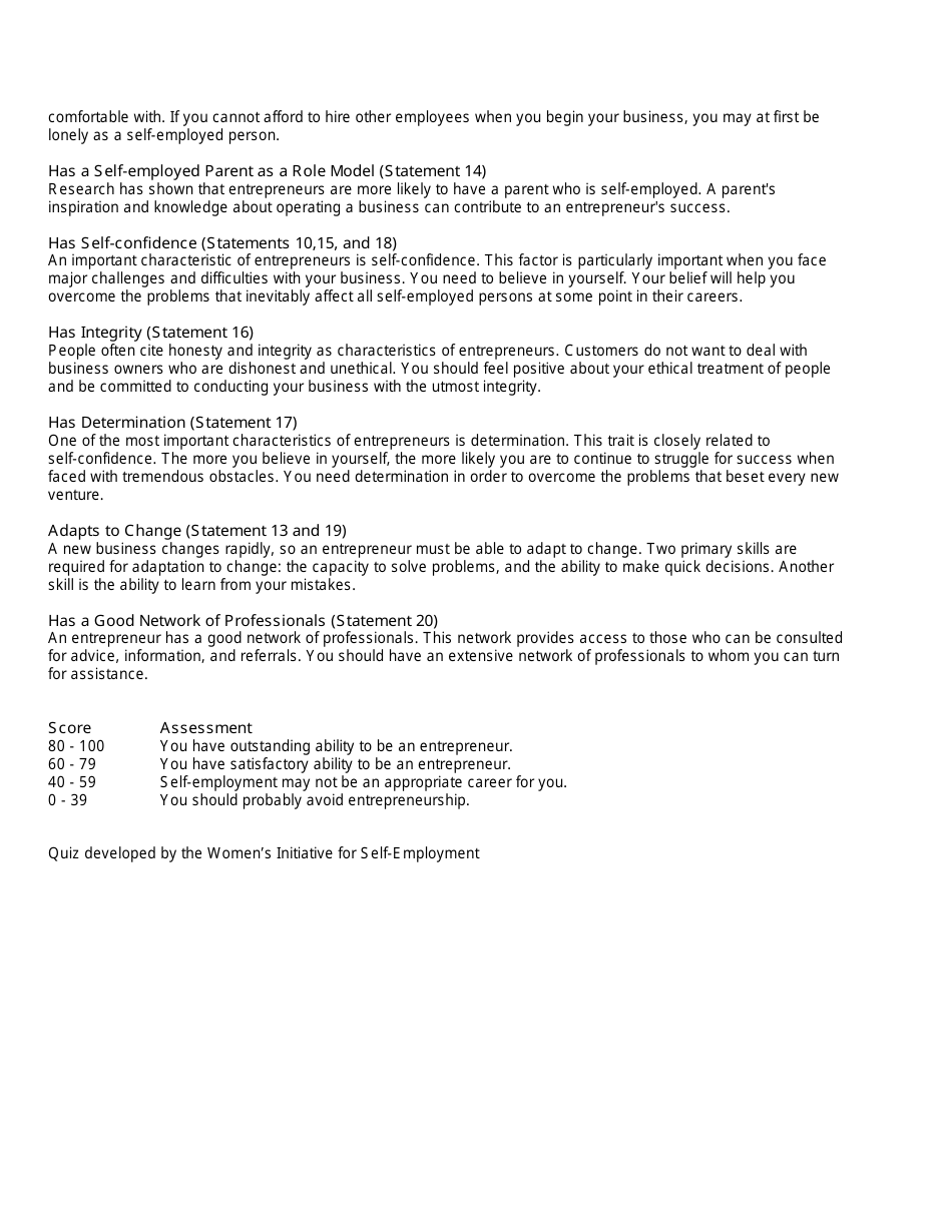 Entrepreneurial Self-assessment Survey Quiz Template, Page 3