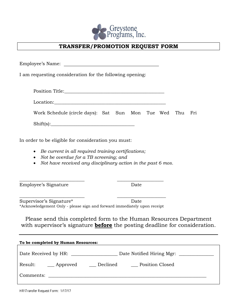 Transfer / Promotion Request Form - Greystone Programs, Inc, Page 1