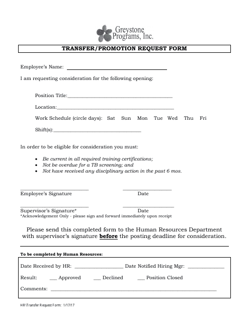 Transfer / Promotion Request Form - Greystone Programs, Inc Download Pdf