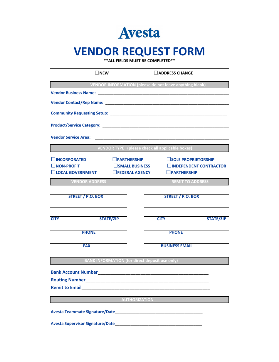 Vendor Request Form - Avesta, Page 1