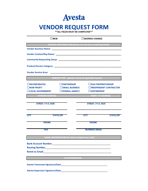 Vendor Request Form - Avesta Download Pdf