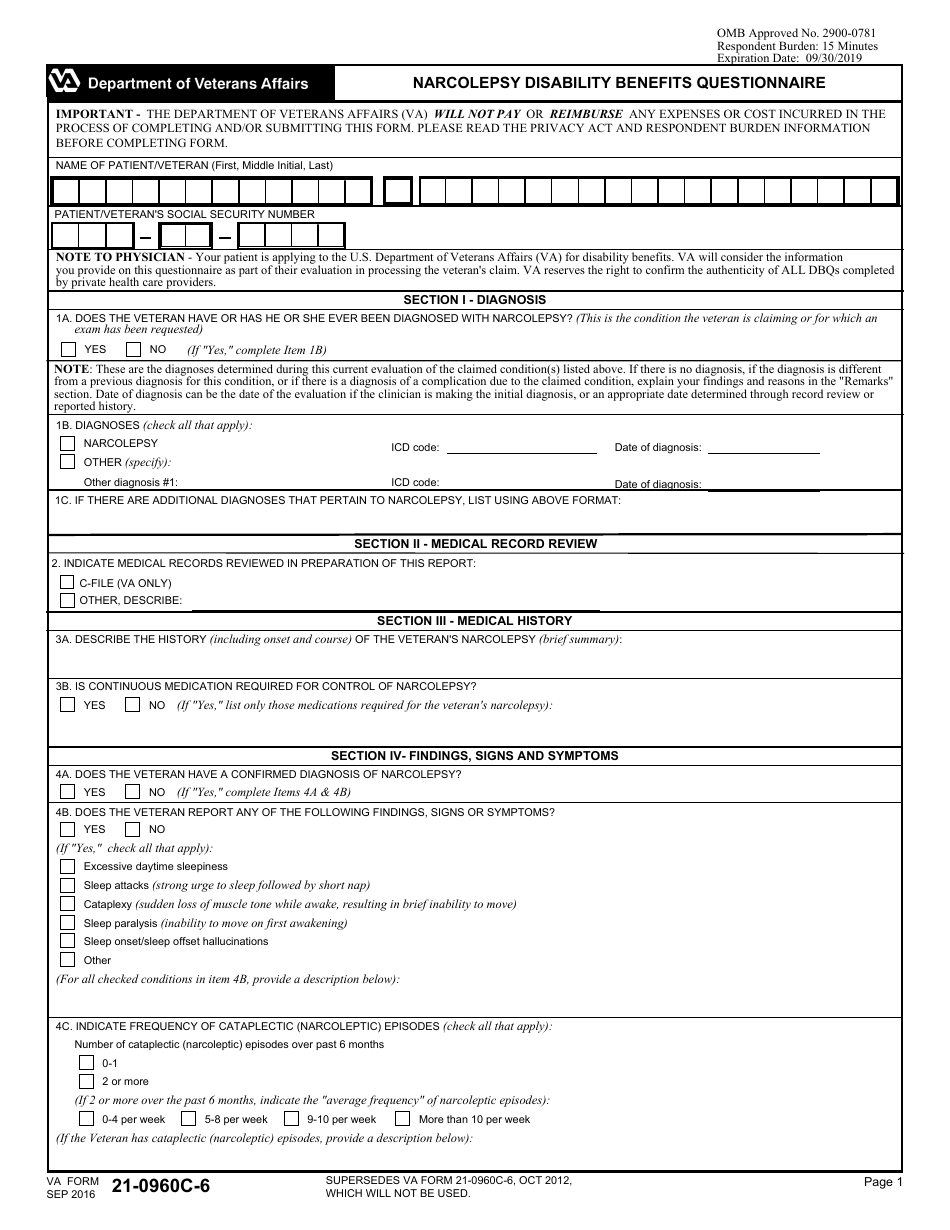 VA Form 21-0960c-6 Narcolepsy Disability Benefits Questionnaire, Page 1
