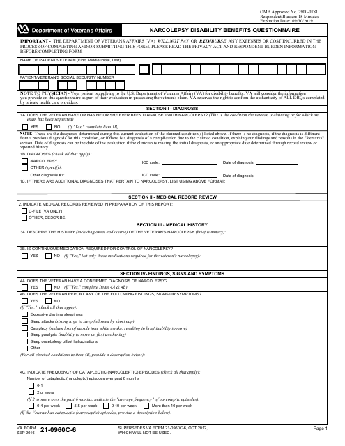 VA Form 21-0960c-6 Narcolepsy Disability Benefits Questionnaire