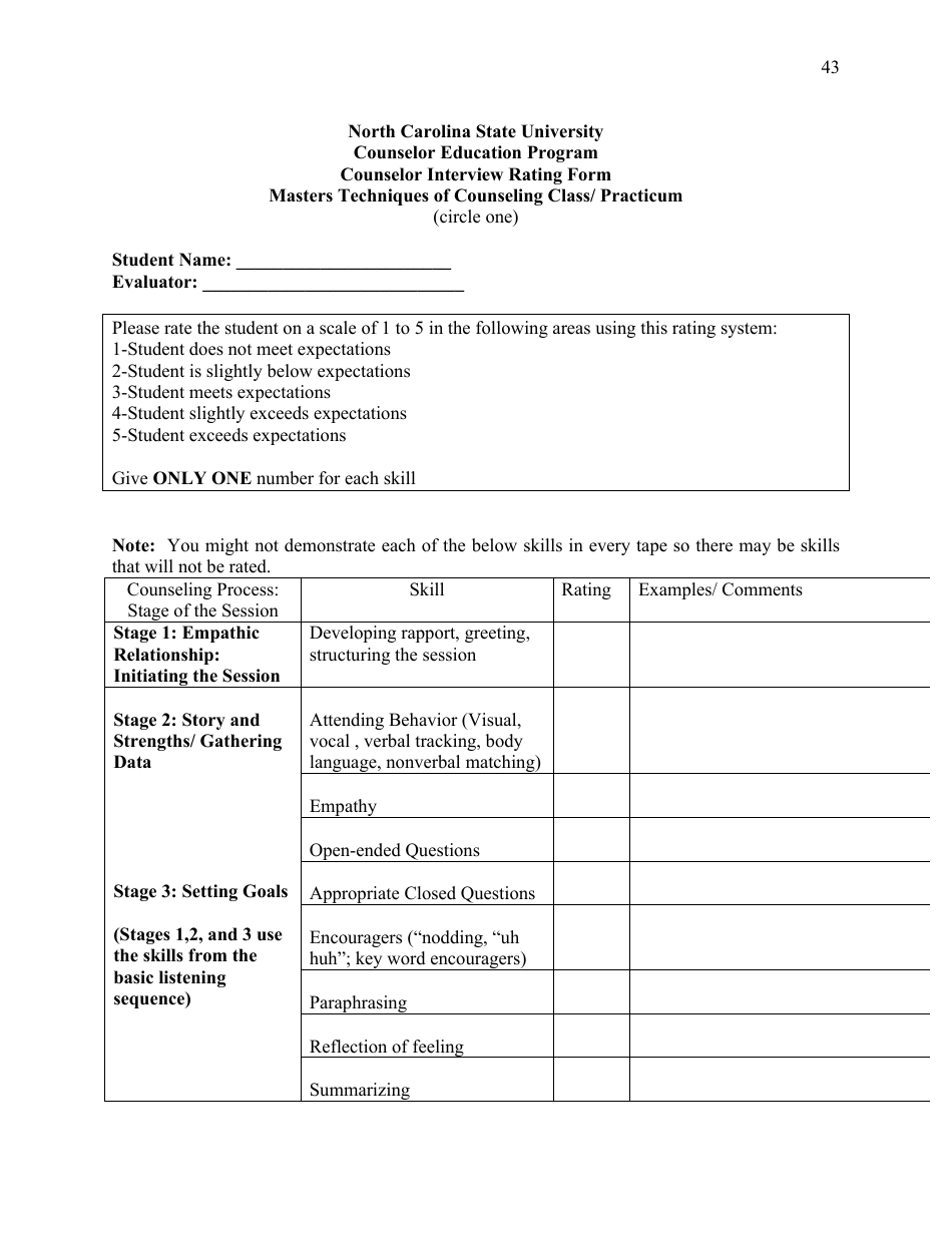Counselor Interview Rating Form - North Carolina State University, Page 1
