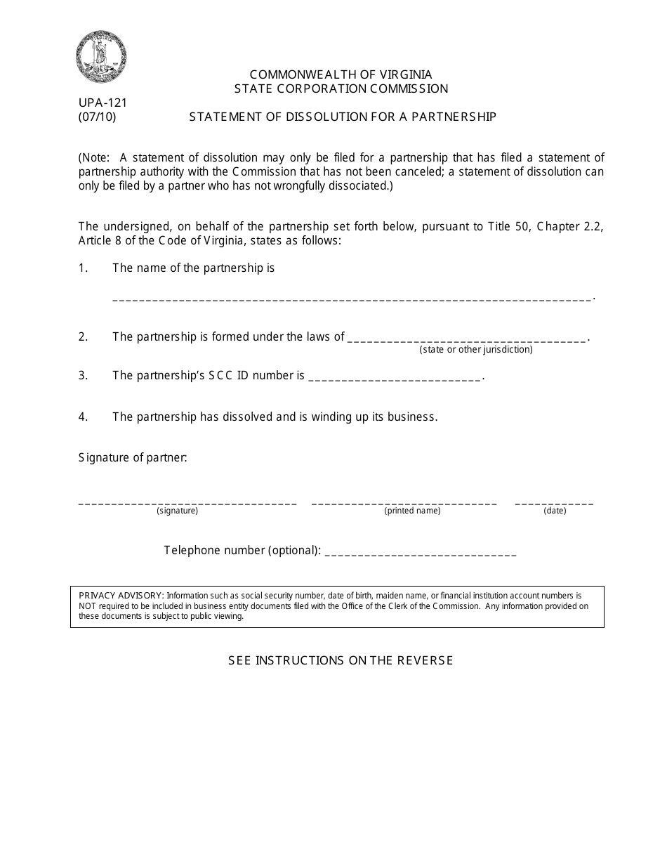 Form UPA-121 Statement of Dissolution for a Partnership - Virginia, Page 1