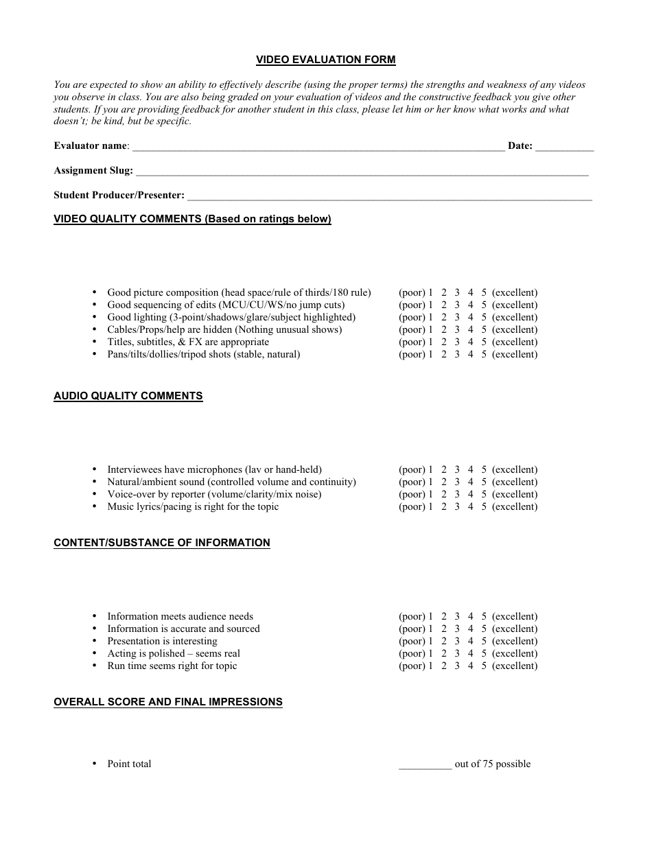 Video Evaluation Form, Page 1