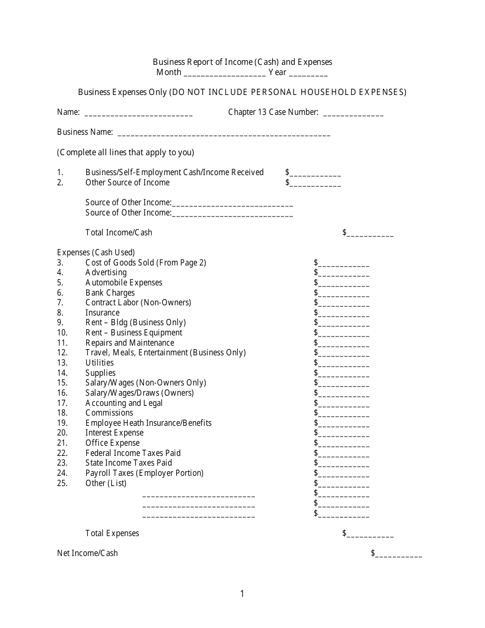 Business Report of Income (Cash) and Expenses Form, Page 1