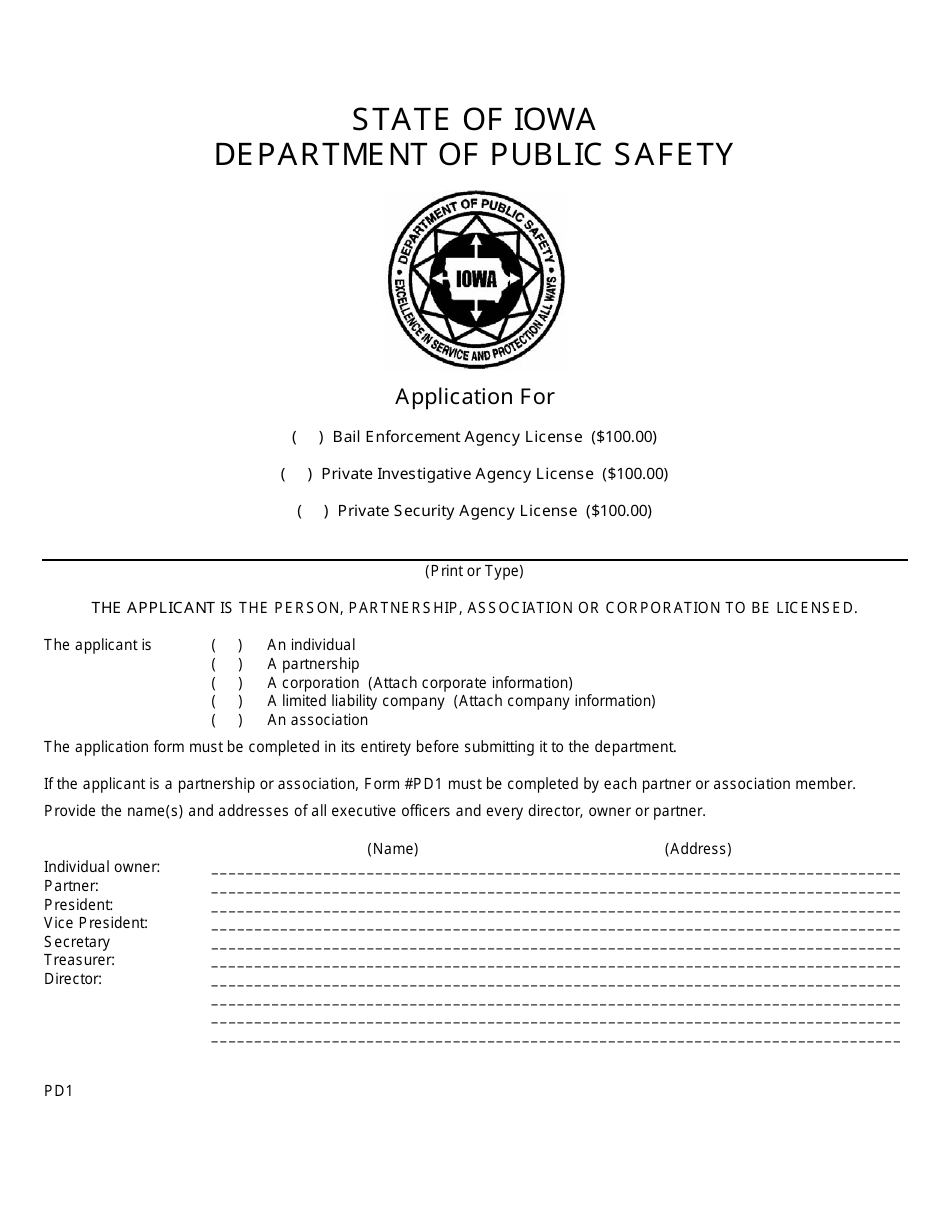 Form PD1 Application for Bail Enforcement Agency License / Private Investigative Agency License / Private Security Agency License - Iowa, Page 1