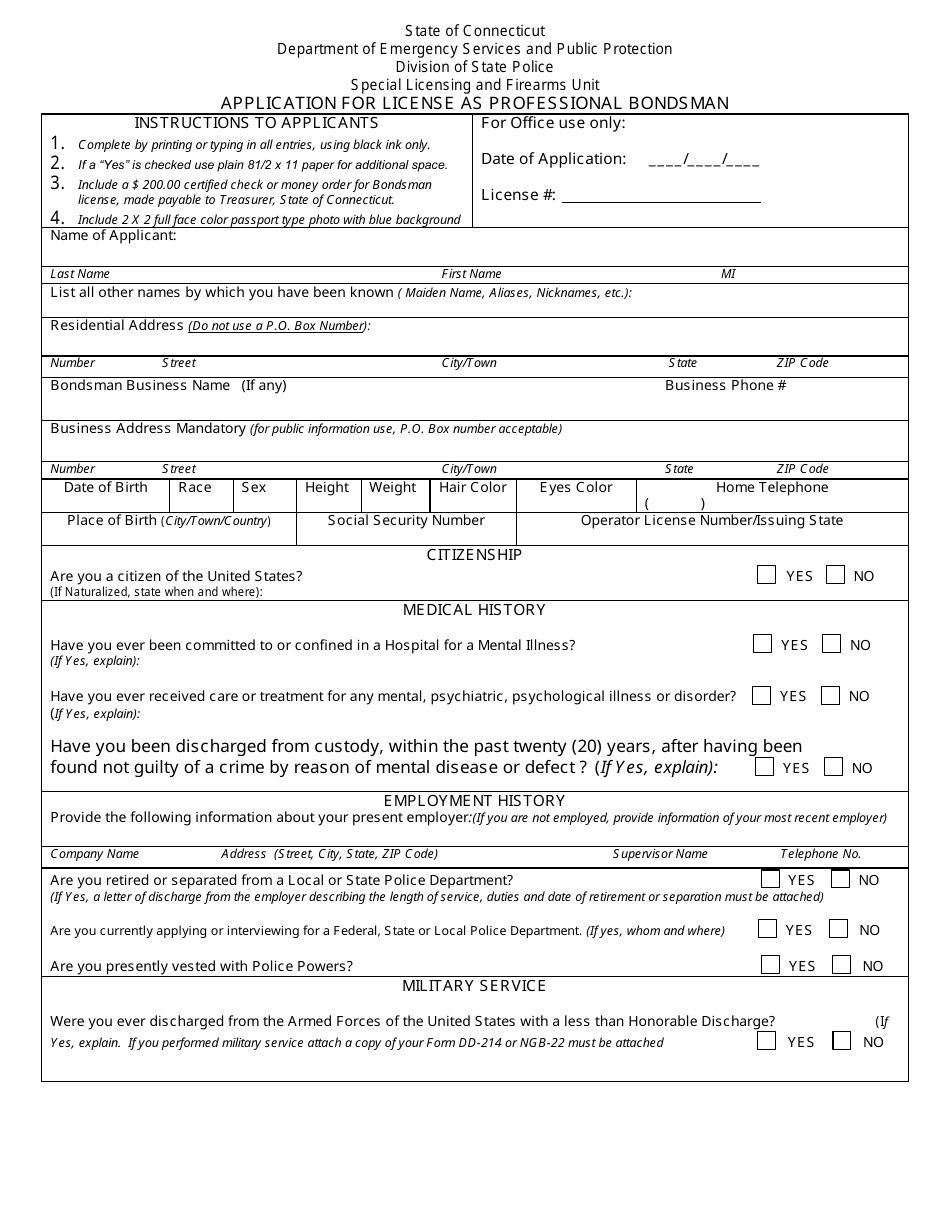 Form DPS-166-C Application for License as Professional Bondsman - Connecticut, Page 1