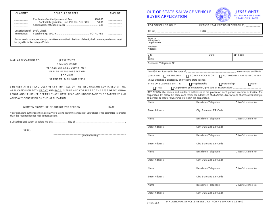 Form RT DS-50 Out-of-State Salvage Vehicle Buyer Application - Illinois, Page 1