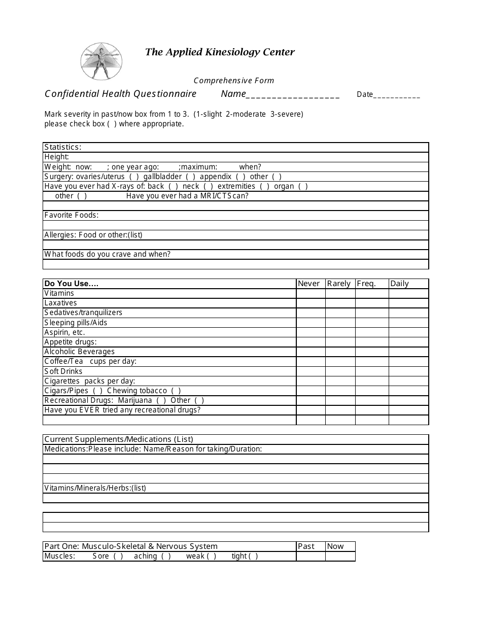 Comprehensive Intake Form - the Applied Kinesiology Center, Page 1
