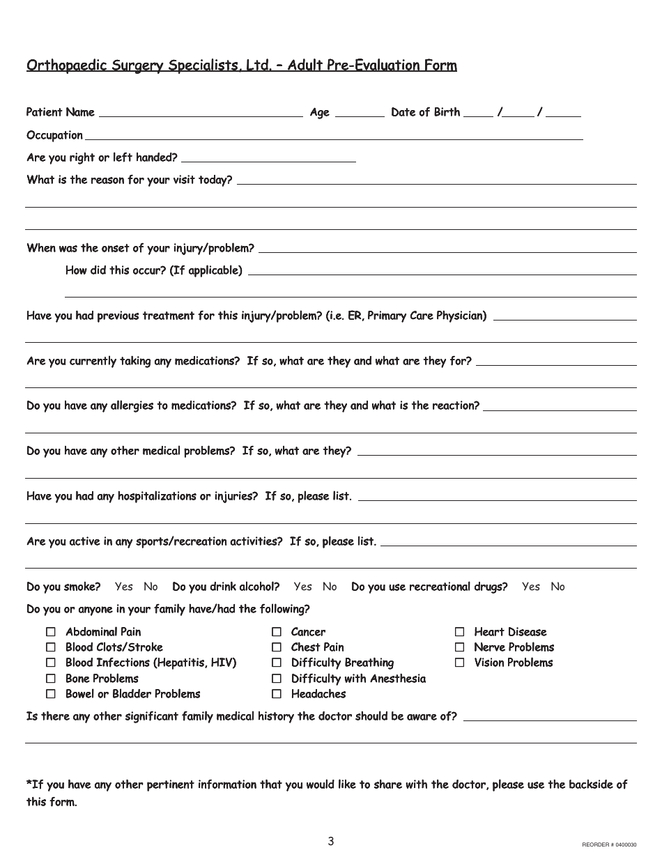Adult Pre-evaluation Form - Orthopaedic Surgery Specialists, Ltd, Page 1