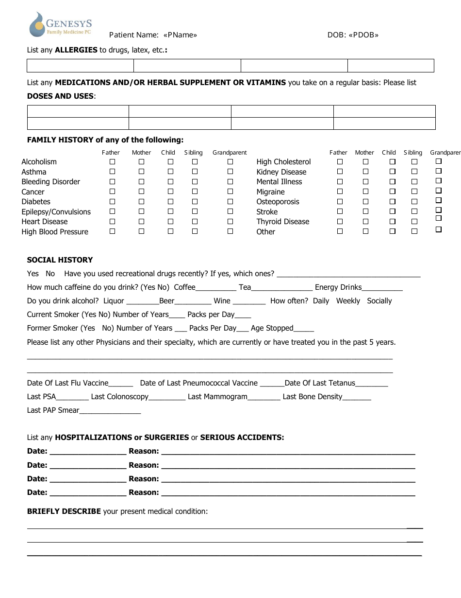 Patient Intake Form - Genesys, Page 1