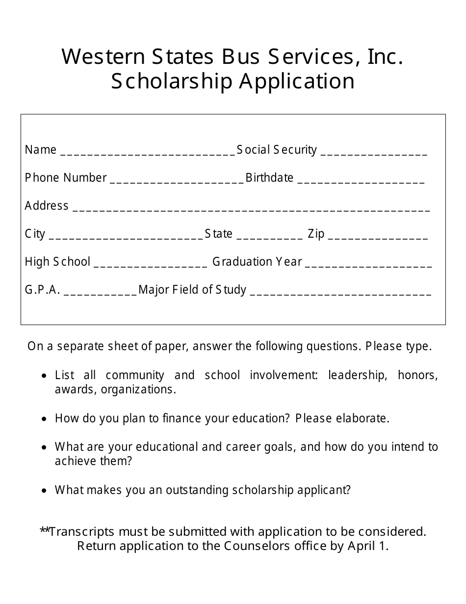 Scholarship Application Form - Western States Bus Services, Inc., Page 1