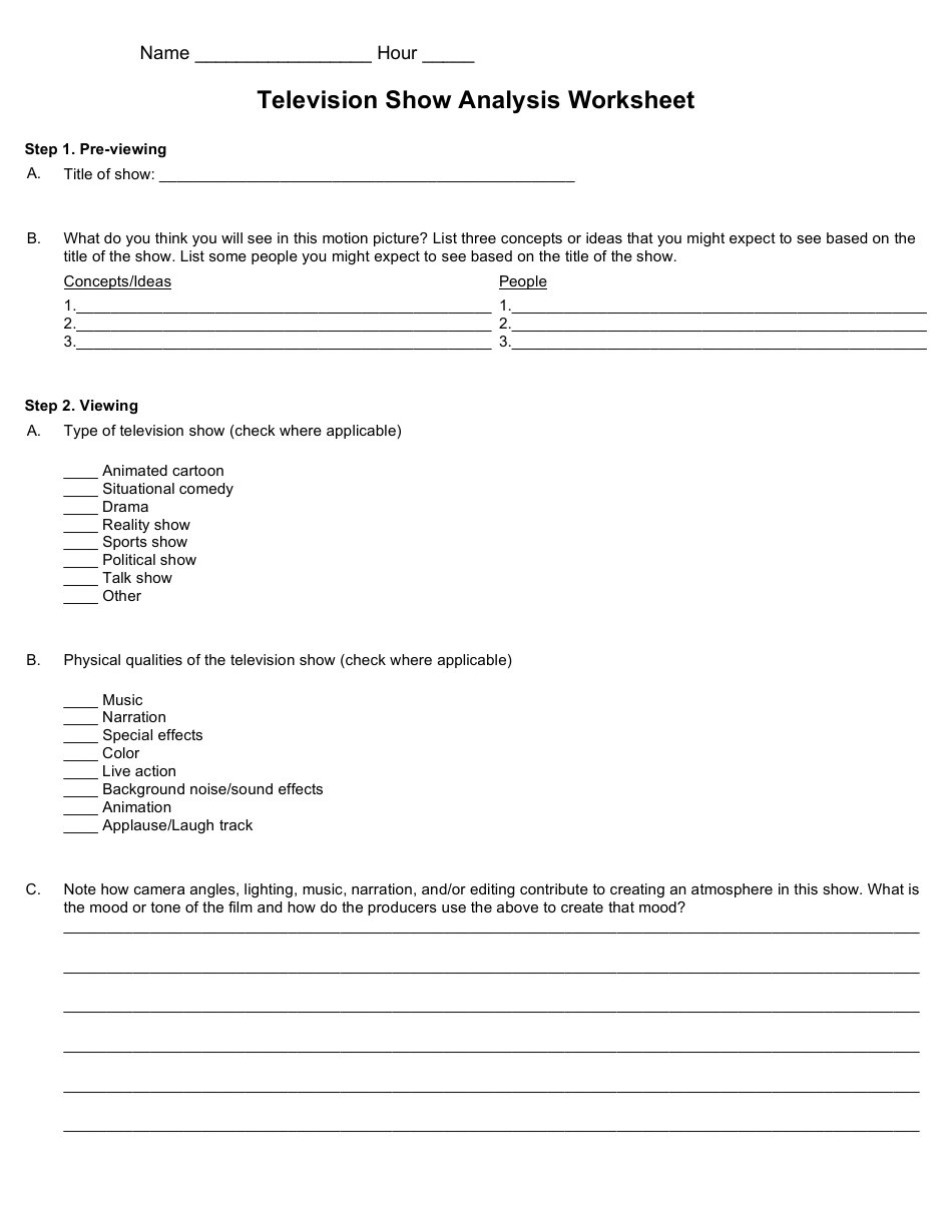 This image provides a visual preview of the Television Show Analysis Worksheet, which is a comprehensive template that aids in the analysis and review of various aspects of a television show. It offers a structured framework to evaluate the characters, plot development, themes, and overall impact of the show. The document contains columns, rows, and strategic prompts to guide a thorough analysis. Get your entertaining and educational TV analysis underway with this helpful worksheet.