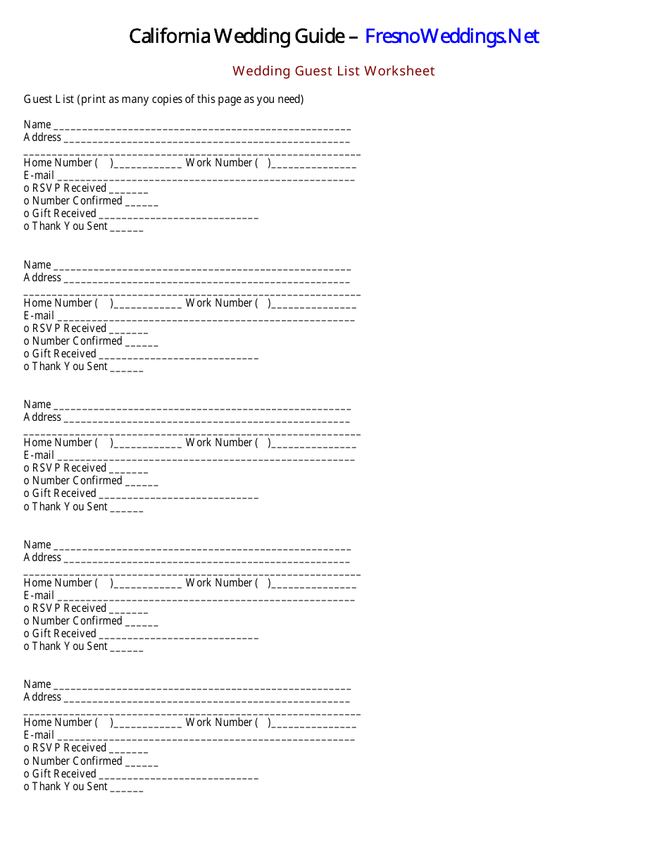 Wedding Guest List Template - California, Page 1