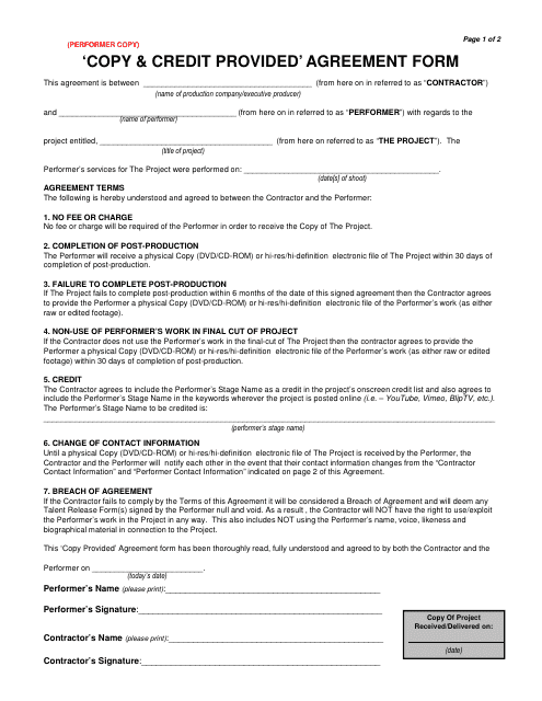 Copy & Credit Provided Agreement Form - Holdon Log