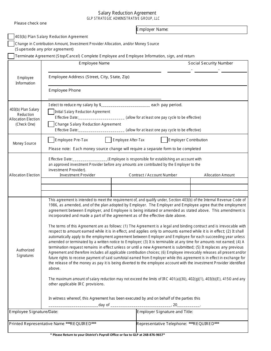 Salary Reduction Agreement Form - Glp Strategic Administrative Group, Llc, Page 1