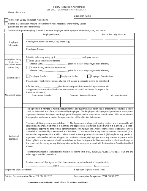 Salary Reduction Agreement Form - Glp Strategic Administrative Group, Llc Download Pdf