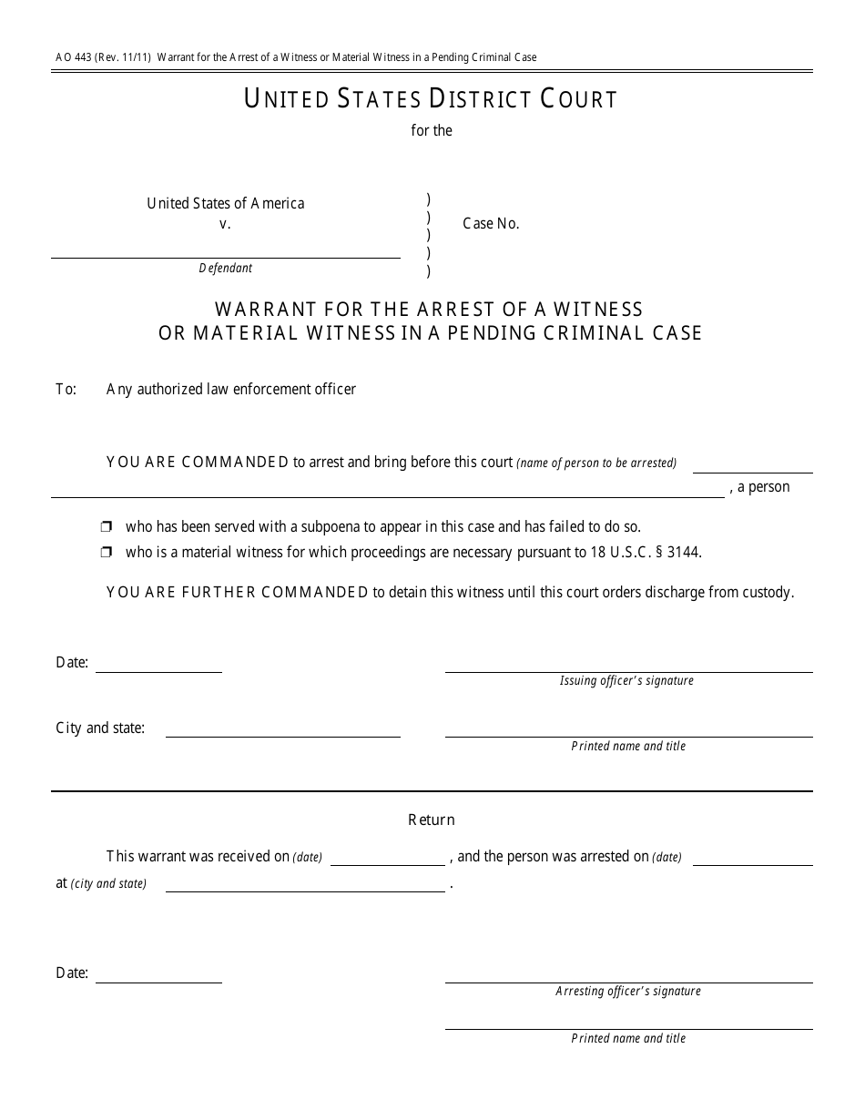Form AO443 Warrant for the Arrest of a Witness or Material Witness in a Pending Criminal Case, Page 1