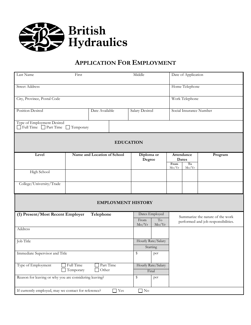 Image preview of the document titled "Application for Employment - British Hydraulics