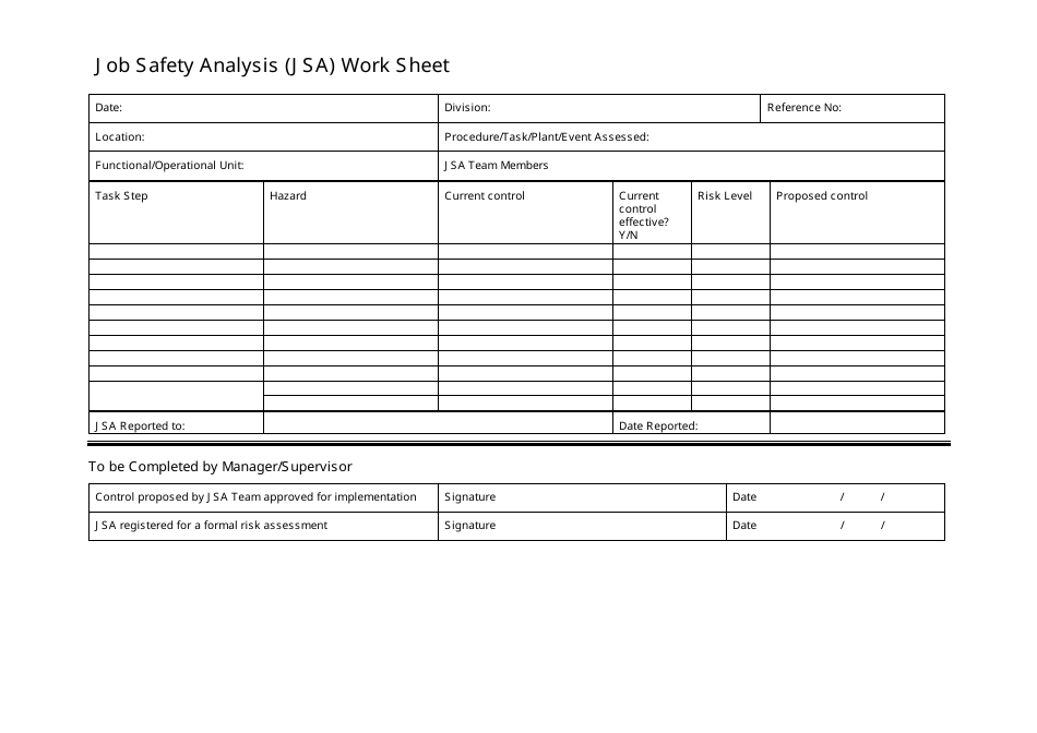 Job Safety Analysis (JSA) Spreadsheet Template - Document Preview
