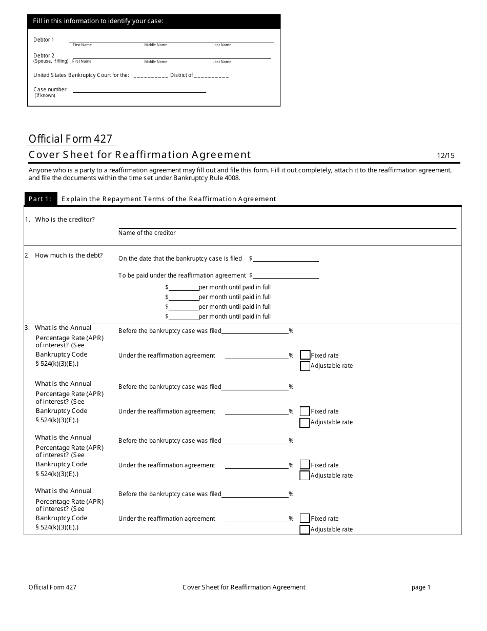Official Form 427 Cover Sheet for Reaffirmation Agreement, Page 1