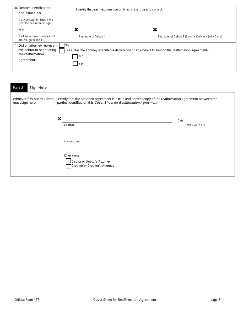 Official Form 427 Cover Sheet for Reaffirmation Agreement, Page 3