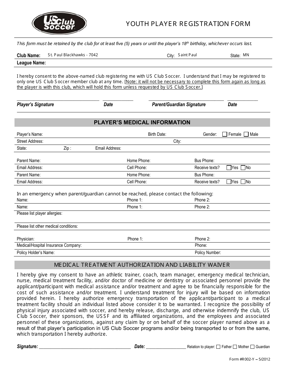 Youth Player Registration Form - US Club Soccer, Page 1