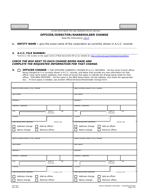 Form C017.001 Application for Officer/Director/Shareholder Change - Arizona