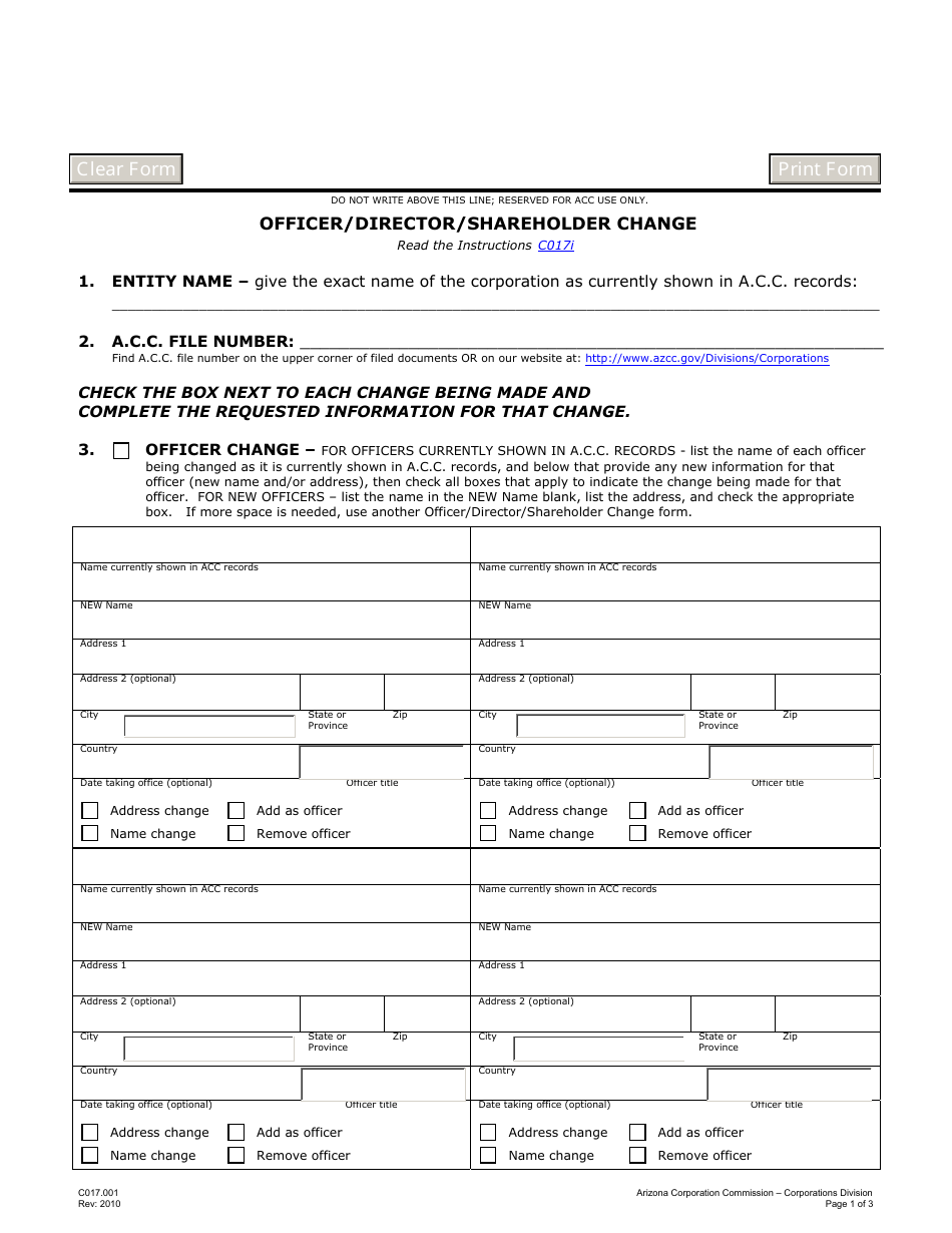 Form C017.001 Application for Officer / Director / Shareholder Change - Arizona, Page 1