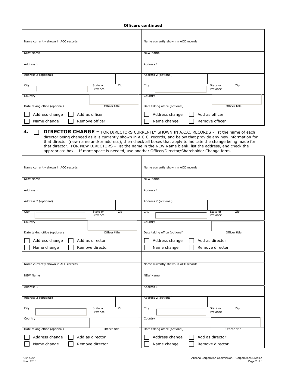 Form C017.001 Application for Officer / Director / Shareholder Change - Arizona, Page 2