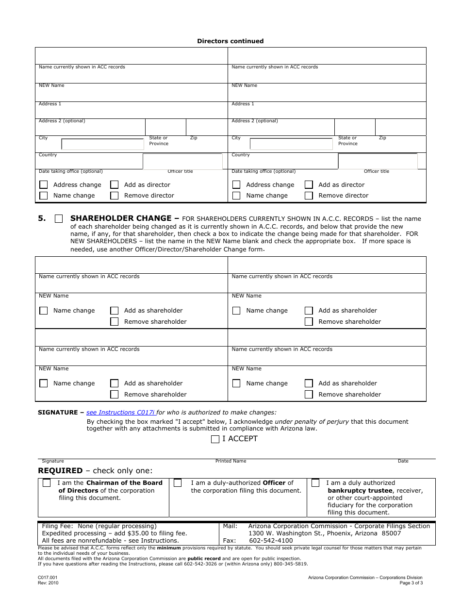Form C017.001 Application for Officer / Director / Shareholder Change - Arizona, Page 3