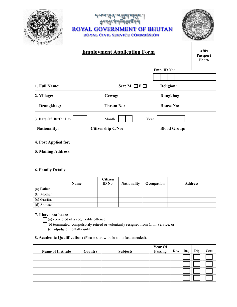 Employment Application Form - Bhutan, Page 1