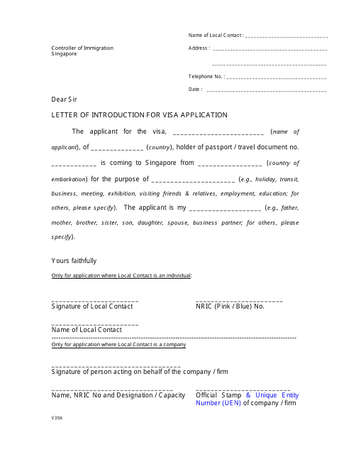 Form V39A Letter of Introduction for Visa Application - Singapore