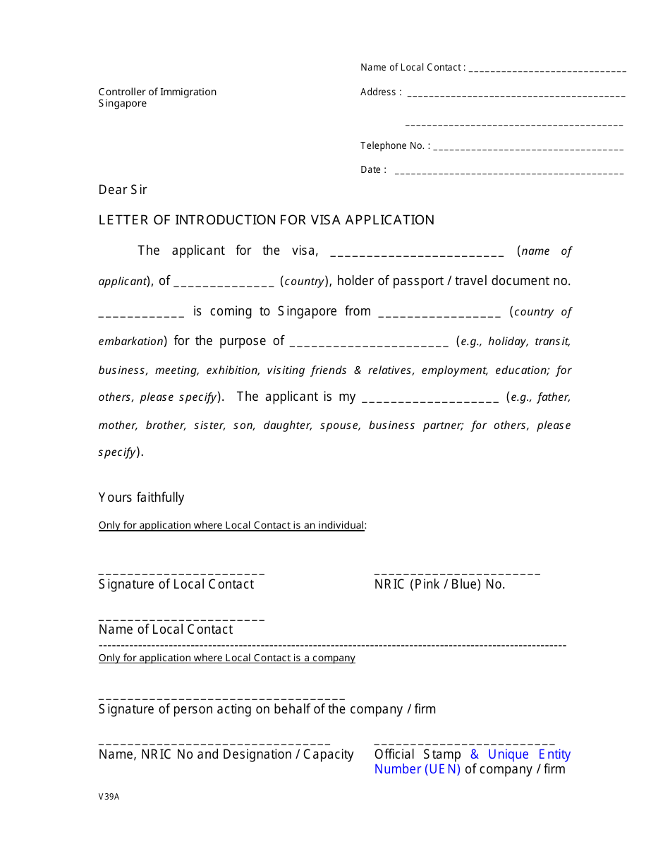Form V39A Letter of Introduction for Visa Application - Singapore, Page 1
