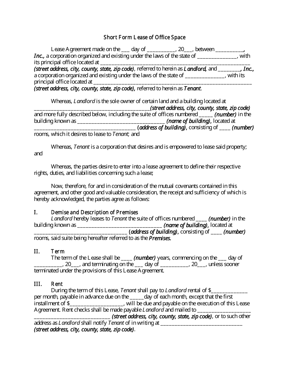 Short Form Lease of Office Space, Page 1