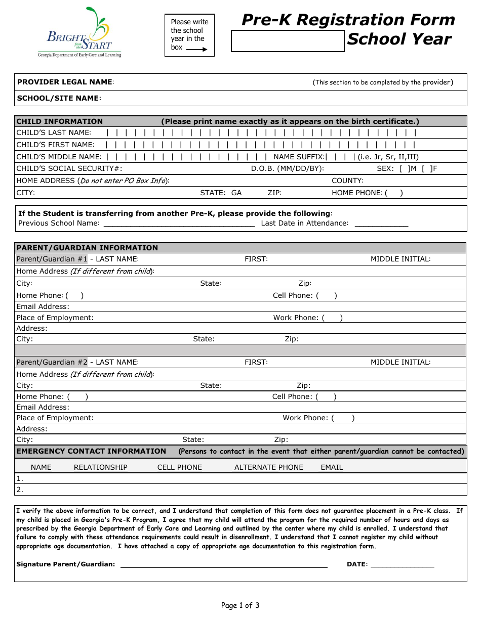Pre-k Registration Form - Georgia (United States), Page 1