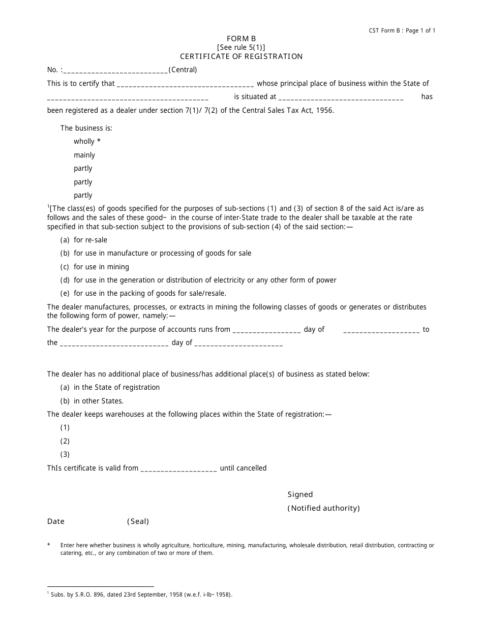 Form B Certificate of Registration - Jammu and Kashmir, India, Page 1