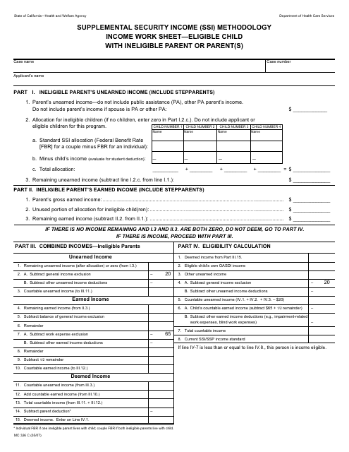 Form MC326 C Supplemental Security Income (Ssi) Methodology Income Work Sheet - Eligible Child With Ineligible Parent or Parent(S) - California