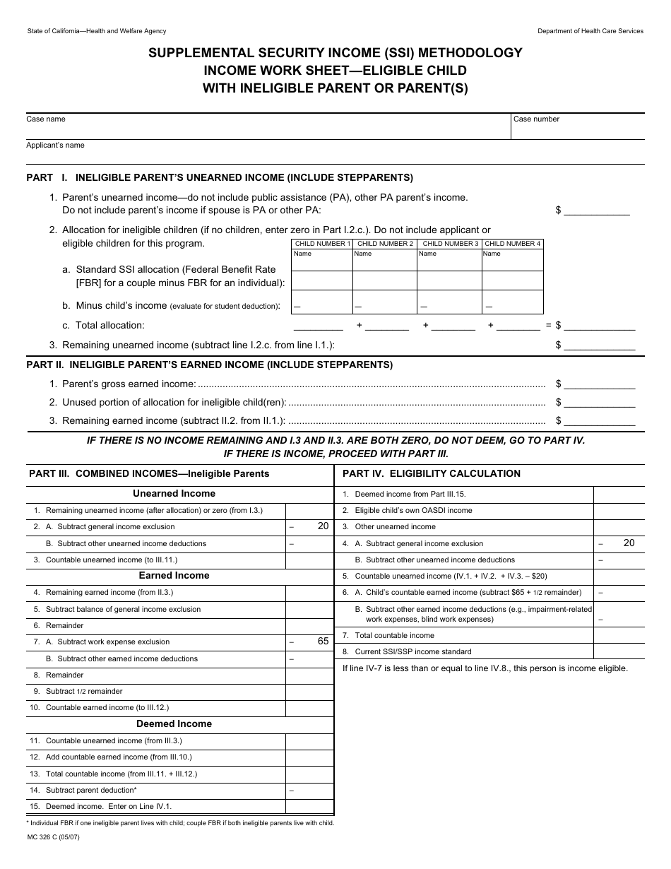 Form MC326 C Supplemental Security Income (Ssi) Methodology Income Work Sheet - Eligible Child With Ineligible Parent or Parent(S) - California, Page 1