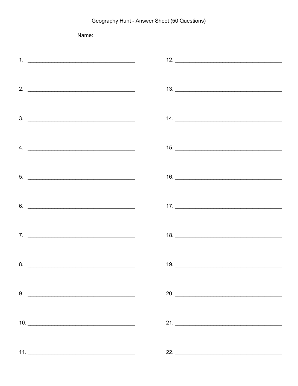 An image of an Answer Sheet Template for a 50-question geography hunt.